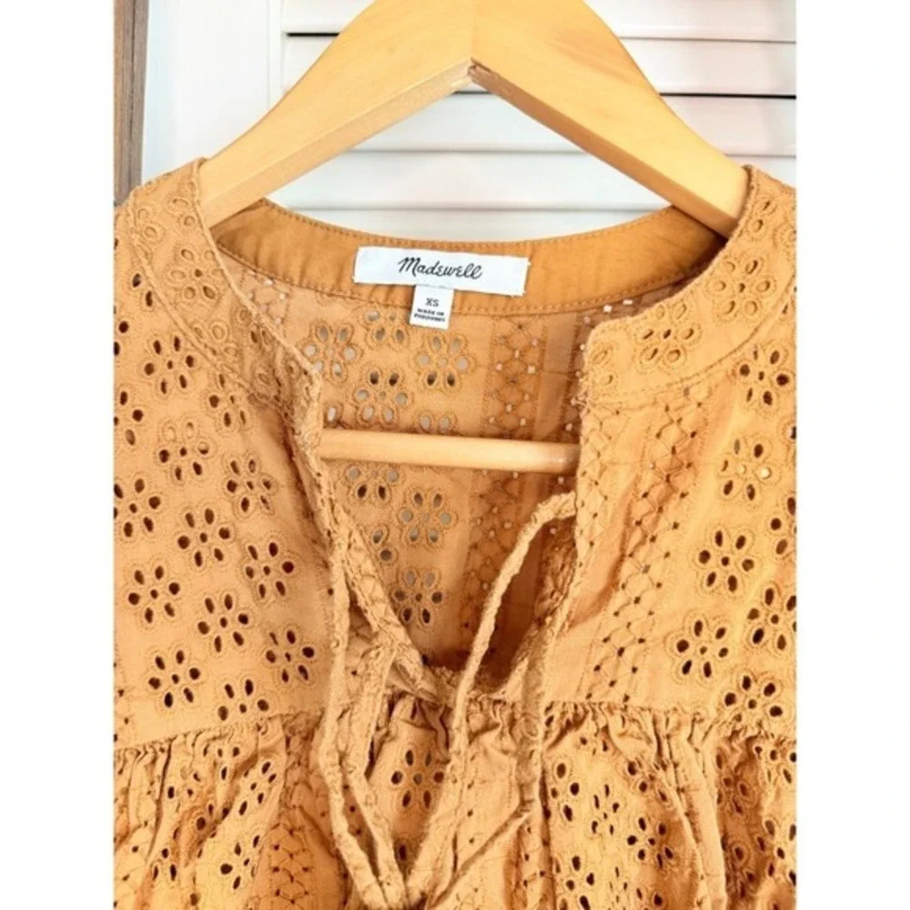 Madewell Eyelet Blouse Womens XS‎ OrangeTie Neck Long Sleeve Top